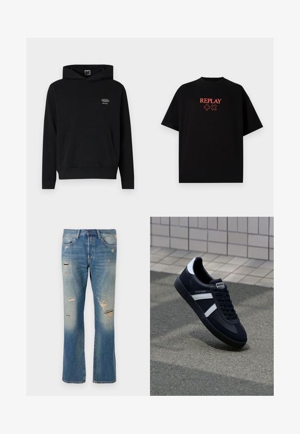Sweat à capuche noir en tissu doux avec une poche frontale et un cordon de serrage. Présente un petit logo blanc sur la poitrine.; T-shirt en coton noir à manches courtes, col rond, arborant un logo rouge "REPLAY" et des symboles alignés au centre sur la poitrine.; Jeans en denim bleu clair avec une coupe décontractée, présentant des détails usés et des patchs effilochés, avec un design classique à cinq poches et une fermeture à bouton.; Sneaker en cuir noir avec des rayures blanches, semelle en caoutchouc texturée et devant à lacets. Présente une étiquette de marque sur la languette.