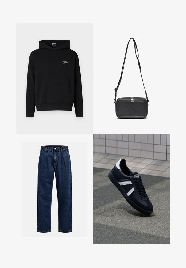Felpa nera con cappuccio realizzata in tessuto morbido, dotata di una tasca frontale e cappuccio con cordino. Presenta un piccolo logo bianco sul petto.; Jeans in denim blu scuro con design a gamba dritta. Presentano cuciture visibili, una chiusura con bottone e pieghe frontali per un tocco di dettaglio in più.; Sneaker neri in pelle con strisce bianche, suola in gomma texturizzata e allacciatura frontale. Presenta un'etichetta con il marchio sulla linguetta.; Borsa a tracolla nera in pelle con chiusura zip, logo impresso sul davanti e tracolla regolabile. Texture liscia con forma rettangolare.