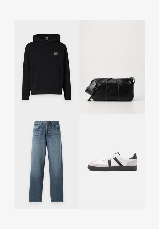 Sweat à capuche noir en tissu doux avec une poche frontale et un cordon de serrage. Présente un petit logo blanc sur la poitrine.; Jean en denim bleu à jambe droite avec un délavage, présentant un design à cinq poches, un bouton en métal et des passants de ceinture. Tissu structuré de poids moyen.; Baskets blanches avec des accents noirs et gris, présentant un embout texturé gris, une semelle en caoutchouc noir et des lacets plats blancs. Design épuré, style minimaliste.; Sac à épaule en cuir noir avec une fermeture éclair, doté d'un corps texturé, de coutures blanches et d'une sangle avec des œillets en argent.