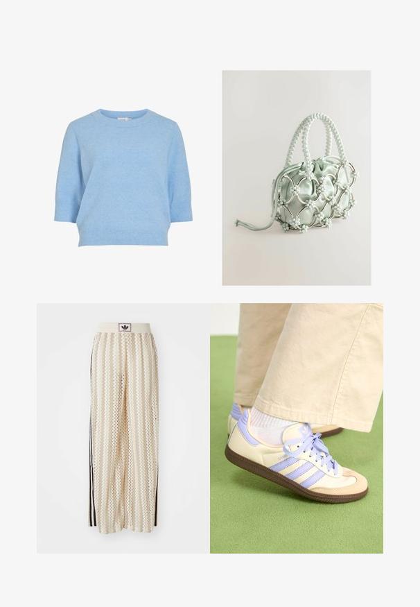 Világoskék kötött pulóver kerek nyakkal, rövid ujjakkal és bordázott aljú. Puha tapintású és lezser fazonú.; Krém színű, széles szárú nadrág zigzag mintával, fekete logós derékrésszel és fekete oldalsávokkal. Könnyű, texturált anyag.; Krém és levendula színű sportcipők három csíkkal és texturált barna talppal, fűzőkkel és párnázott sarokkal. Puha anyagú felsőrész.; Next Kézitáska - blue