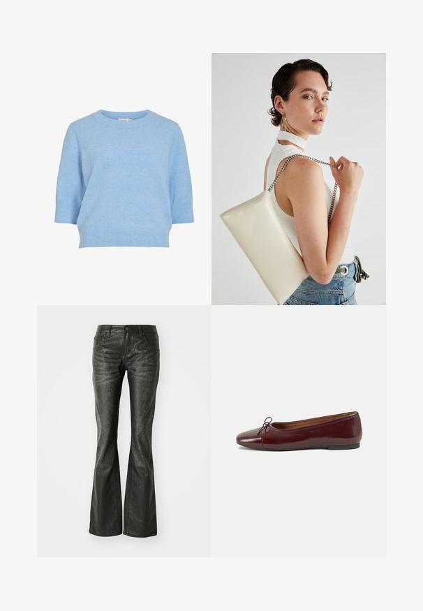 Svetlo modra pletena jopica s okroglo ovratnico, kratkimi rokavi in ribanim robom. Mehka tekstura in sproščen kroj.; Črne usnjene široke kavbojke s sprednjimi žepi, kovinskim gumbom za zapiranje in rahlo strukturirano površino. Ravnina nogavice s dolgim krojem.; Burgundska patenti usnjeni baletni čevlji z zaobljenim prstom, majhnim lokom na sprednji strani in nizkim črnim gumijastim podplatom. Gladka tekstura.; Bela pravokotna torbica za ključe iz sijajnega materiala, opremljena s srebrno verižico. Model pozira in prikazuje torbico na enobarvni podlagi.