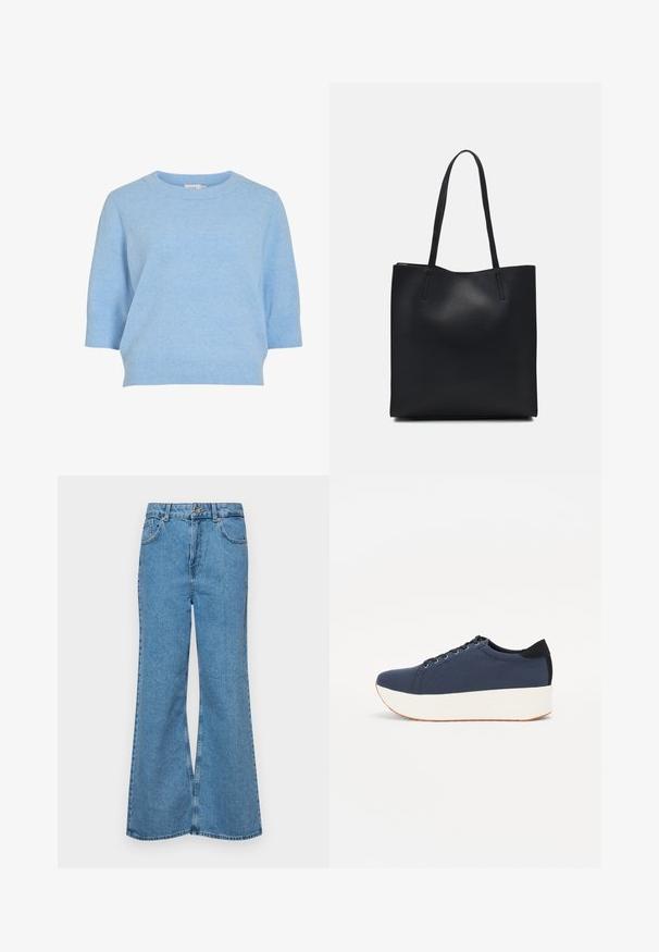 Világoskék kötött pulóver kerek nyakkal, rövid ujjakkal és bordázott aljú. Puha tapintású és lezser fazonú.; Világoskék, trapézszárú farmernadrág, magas derékkal, öt zsebbel és egy gombos záródással. Puha tapintású, magasított effektusú anyag.; Sötétkék sportcipő, texturált szövet felsőrész, fehér platform talp, lekerekített orr és fekete sarok akcentussal. Hat fűzőlyuk található rajta.; Fekete bőrtáska sima felszínnel, téglalap alakú, két hosszú füllel. Nincs látható fémkiegészítő vagy díszítés.