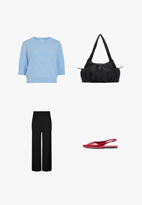 Suéter de punto azul claro con cuello redondo, mangas cortas y dobladillo acanalado. Textura suave y corte relajado.; Pantalones de pierna ancha negros con una cintura elástica, que presentan una textura suave y sin patrones ni acentos visibles.; Zapato plano de charol rojo con punta afilada y un detalle decorativo de cordones en la parte delantera, que incluye una delgada correa en el tobillo y suela plana.; Bolso de tela negra con textura fruncida, dos asas para el hombro y cierre de cordón en los laterales. Material suave y ligero.