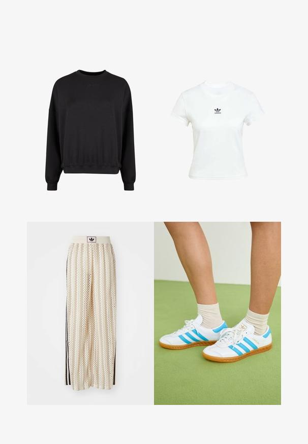 Černá mikina s kulatým výstřihem, volným střihem a manžetami s žebrováním. Na přední straně je diskrétně embosované logo. Měkký materiál s matným povrchem.; Bílá bavlněná tričko s krátkými rukávy a kulatým výstřihem. Na hrudi se nachází černé logo Adidas. Jednoduchý, minimalistický design.; Krémové široké kalhoty s cikcak vzorem, s černým logem na pásu a černými pruhy po stranách. Lehčí, texturovaná tkanina.; Bílé tenisky s světle modrými pruhy, gumovou podrážkou a designem na šněrování. Mají zlaté označení a hladký koženkový vzhled.