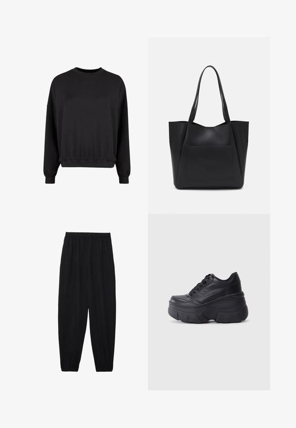 Musthave musternahk, mille on ümar kaelus, mugav lõige ja soonikkoes mansetid. Ees on diskreetne reljeefne logo. Pehme materjal matta viimistlusega.; Mustad, kerge kangas püksid elastse vöökoha ja kokku volditud pahkluudega. Kanga pind on sile ja disain on lõdvestunud, kitsenev.; Mustad mustaga värvi kingad, millel on paks tald, sile nahk peals, ümar nina ja eristuva kihilise platvormi disain.; Must mustkunst, millel on suured pikad käepidemed ja esiküljel libisev tasku. Avatud ülaosa nurgelise disainiga.