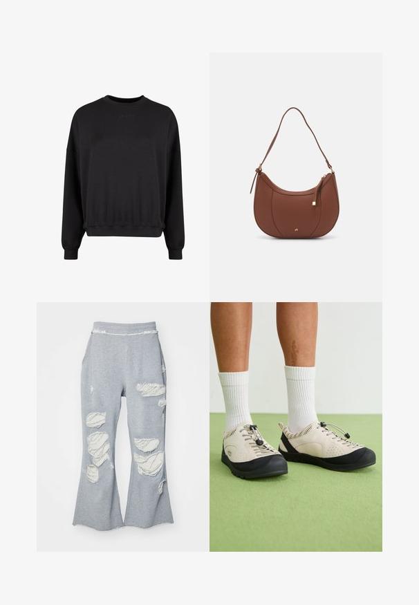 Črna majica s kapuco z okroglim izrezom, sproščenim krojem in rebrastimi robovi. Ima subtilen embosiran logotip spredaj. Mehka tkanina z mat zaključkom.; Sive trenirke s širokimi hlačnicami, ki vsebujejo več poškodovanih delov, ki razkrivajo svetlejšo tkanino. Elastičen pas za udobje.; Bež čevlji z črnimi detajli, mrežastimi stranskimi ploščami in varnim zategovanjem vezalk. Debeli gumijasti podplati s patterned vzorcem. Obuti z belimi nogavicami.; Rjava usnjena torbica z ramenskim ročajem, ukrivljene oblike, minimalnim šivom in zlato-tonirano kovinsko dekoracijo. Ima zgornje zapiranje na zadrgo in nastavljiv trak.