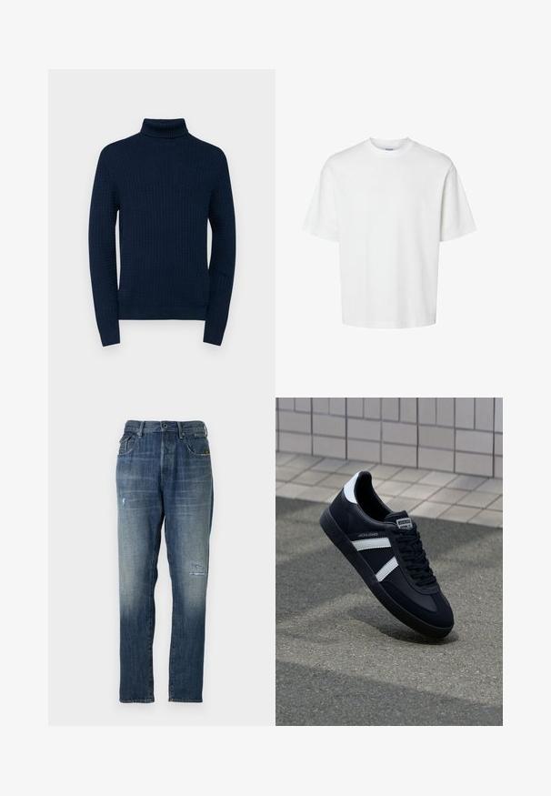 Tumesinine kõrge kaelusega särk, millel on tekstuuriga muster, pikad varrukad ja soonikkoes krae ning mansetid, valmistatud kergest kudumaterjalist.; Valge puuvillane t-särk lühikeste varrukatega, ümmarguse kaelusega ja lõdva lõikega. Sile tekstuur, ilma nähtavate mustrite või aktsentideta.; Denim teksad, millel on pleekinud sinine värv, sirge jalgade disain, mõõdukas kulumine ees ja klassikaline viie-tasku stiil.; Must have musta sneaker musta valgete triipudega, tekstuurne kummitald ja nööridega esiosa. Omab bränditud märki keele peal.