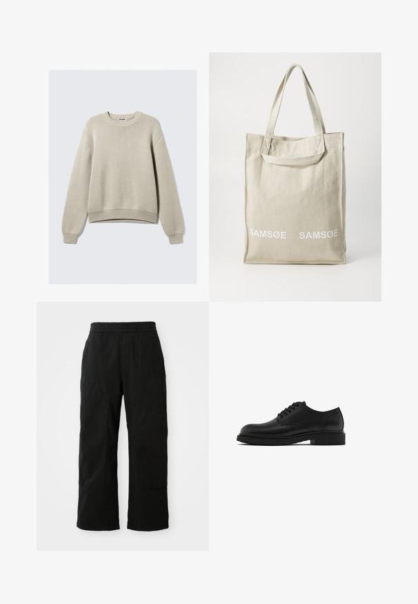 Beige gebreide trui met een ronde hals, lange mouwen en geribbelde boorden en onderkant. Heeft een gestructureerd patroon door het hele kledingstuk.; Lichtbeige en witte geruite overhemden met lichtblauwe accenten. Lange mouwen, knoopsluiting aan de voorkant en een borstzak. Gemaakt van katoen.; Zwarte katoenen broek met een elastische tailleband, wijd gesneden ontwerp en grote zijzakken. De stof lijkt zacht met een gladde textuur.; Zwarte leren nette schoen met een textuur, ronde neus, vijf oogjes voor veters en een stevige zwarte zool. Eenvoudig, recht design.; Canvas tote bag in lichtbeige met dubbele handvatten, voorzien van het "SAMSOE" logo in het wit gedrukt op de voorkant. Rechthoekige vorm met een eenvoudig ontwerp.