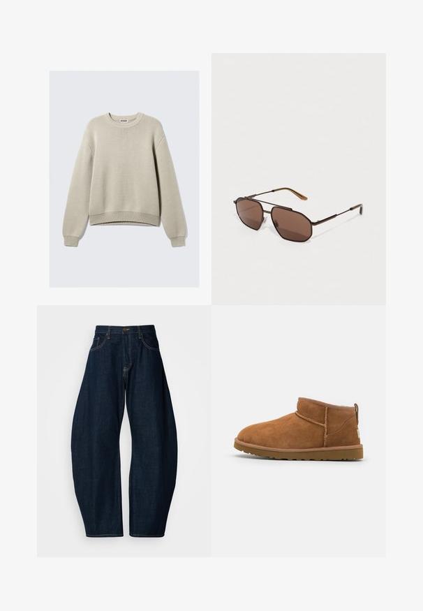 Beige pleteno pulover z okroglim izrezom, dolgimi rokavi ter rebrastimi manšetami in spodnjim robom. Ima teksturiran vzorec po celotni površini.; Temno modri kavbojki širokega kroja, z izrazitim šivanjem, petimi žepi in zaponko iz messing na pasu.; Tanen semiš škornji do gležnjev z zaobljenim nosom, subtilnimi šivi in teksturirano gumijasto podplatom. Kratka višina brez vezalk.; Rjave osemkotne sončne očala z tankim črnim kovinskim okvirjem, okrašenim z rjavimi ušesi. Temno obarvani leči nudijo UV zaščito.