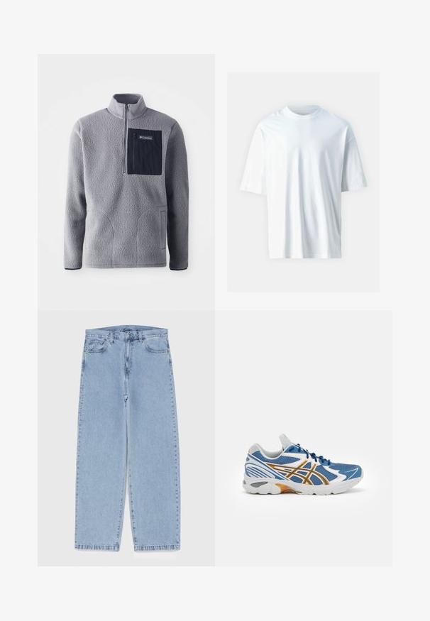 Pelēks flīsa pulkstenis ar pusi rāvējslēdzēja apkakli, tumši zilā krāsā krūšu kabata, divām sānu kabatām un teksturētu audumu. Viegls un ikdienišķs dizains.; Balts īsām piedurknēm T-krekls, kas izgatavots no mīkstas kokvilnas. Tam ir apaļa kakla izgriezums, brīva piegriezuma forma un gluda tekstūra. Nav redzamu rakstu vai akcentu.; Gai zila džinsu bikses ar taisnu kāju dizainu, kas piedāvā vidēju vidukļa augstumu, piecas kabatas un pogas un rāvējslēdzēja aizdari.; Zila sporta apava ar acs audumu augšdaļu, baltiem un oranžiem akcentiem, ar mīkstinātu vidusdaļu un teksturētu gumijas zoli. Iespējama saslēdzama dizaina.