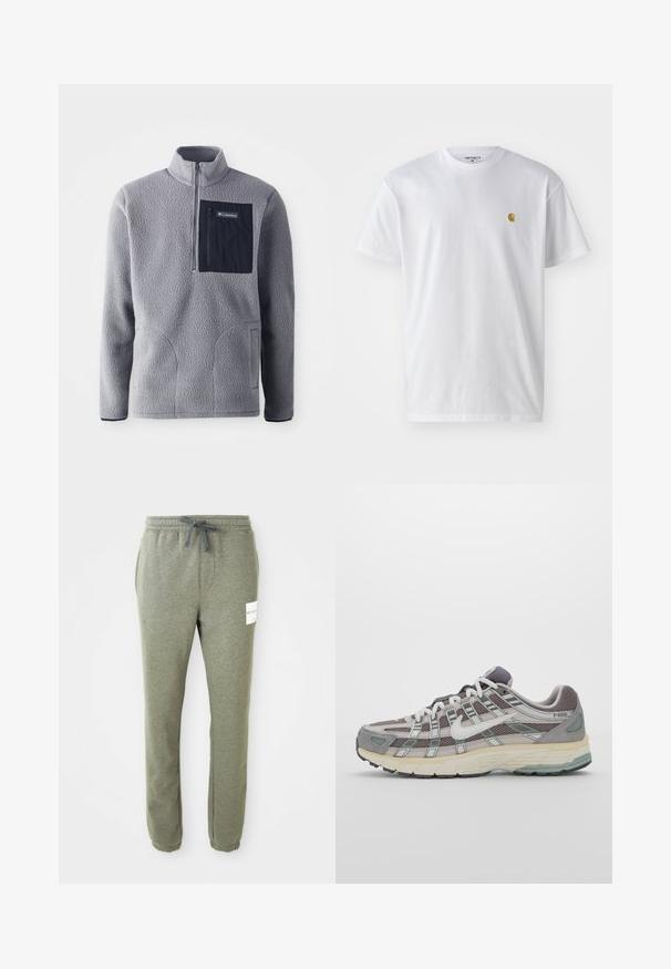 Šedý fleece pulovr s polo zipem, náprsní kapsou v námořnické modři, dvěma bočními kapsami a texturovaným materiálem. Lehký a pohodlný design.; Bílé bavlněné tričko s krátkým rukávem a kulatým výstřihem, s malým zlatým logem na levé straně hrudi. Měkká textura a klasický střih.; Heather šedé zúžené tepláky s elastickým pasem, šňůrkou, bočními kapsami, manžetami kolem kotníků a malou bílou značkovou etiketou na pravém stehně.; Šedá sportovní obuv s vrchní částí z mikrovlákna a semiše, bílými akcenty, polstrovanou podrážkou a jedinečným designem s reflexními prvky.