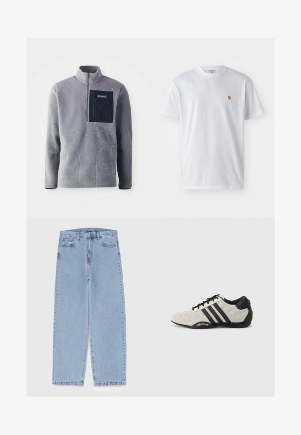Grå fleecepullover med halvdragkedja, en marinblå bröstficka, två sidofickor och strukturerad tyg. Lättviktig och avslappnad design.; Vit bomullströja med korta ärmar, rund halsringning, med en liten guldlogotyp på vänster bröstområde. Mjuk textur och vanlig passform.; Ljusblå denimjeans med rak bendesign, midjehög midja, fem fickor samt knapp- och dragkedjestängning.; Adidas sportskor med en strukturerad, ljusgrå ovandel och svarta läderdetaljer. Har en svart tre-rands logotyp och en vadderad sula.
