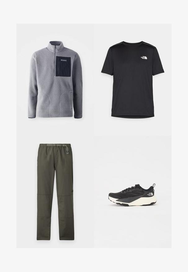 Grå fleece-pullover med halv-zip krage, en marineblå brystlomme, to sidelommer og teksturert stoff. Lett og uformell design.; Svart kortermet T-skjorte laget av lett materiale. Har en liten hvit logo på venstre bryst og subtile skulderdetaljer.; Olivengrønne, letvægts cargo bukser med elastisk talje, justerbart bælte og flere lommer; glat texture og forstærkede syninger.; Svart treningssko med teksturert mesh-overdel, solide svarte detaljer og hvit, lett yttersåle. Har snøring og en løkke bak.