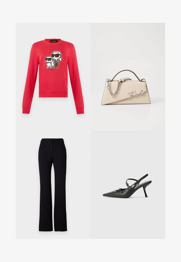 Piros hosszú ujjú pulóver, amelyen egy lófarokkal rendelkező ember és egy macska rajza látható, mindketten fekete napszemüveget viselnek, alattuk a "Karl Lagerfeld" felirat.; Fehér pamut póló fekete díszítéssel, piros szív grafikával, amely ecsetvonásokból készült, és kézírásos "Karl" felirattal fekete színben.; Fekete nadrág egyenes szabással, sima textúrával és egysoros gombos derékpánttal. Nincsenek látható minták vagy díszítések.; Fekete bőrszíjjal ellátott magassarkú cipő, hegyes orral, karcsú sarkával és díszes csattal a vamp részén. Simás textúra és elegáns dizájn.; Beige bőrtáska, struktúrált, háromszögletű formával, ezüst lánc fogantyúval és fém, írott logóval.