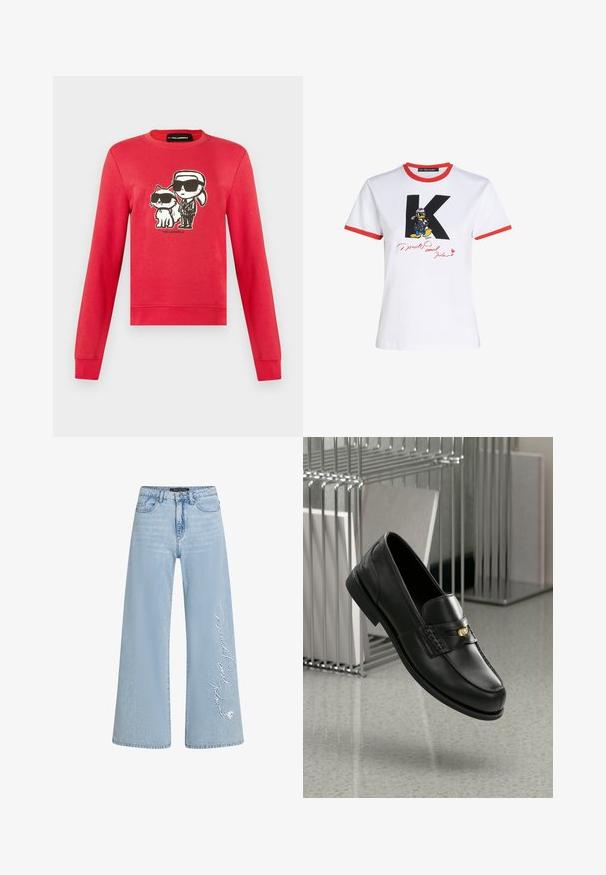 Piros hosszú ujjú pulóver, amelyen egy lófarokkal rendelkező ember és egy macska rajza látható, mindketten fekete napszemüveget viselnek, alattuk a "Karl Lagerfeld" felirat.; Fehér pamut póló piros nyakkivágással és ujjak szegélyével. Fekete 'K' és Donald Kacsa grafika található rajta, piros aláírással.; Világoskék, bőszárú farmernadrág, bal lábszáron „Donald és Daisy” hímzett felirattal. Klasszikus öt zsebes dizájn és övhurkok jellemzik.; Fekete bőr loaferek sima felülettel, dekoratív sávval és kis arany kiegészítővel. Az talp lapos, kerek orrú.