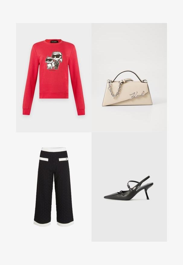 Piros hosszú ujjú pulóver, amelyen egy lófarokkal rendelkező ember és egy macska rajza látható, mindketten fekete napszemüveget viselnek, alattuk a "Karl Lagerfeld" felirat.; Fekete cropped nadrág textúrált, szőtt mintával. Fehér díszcsíkokkal a deréknál és az alján, valamint két hátsó zsebbel rendelkezik.; Fekete bőrszíjjal ellátott magassarkú cipő, hegyes orral, karcsú sarkával és díszes csattal a vamp részén. Simás textúra és elegáns dizájn.; Beige bőrtáska, struktúrált, háromszögletű formával, ezüst lánc fogantyúval és fém, írott logóval.