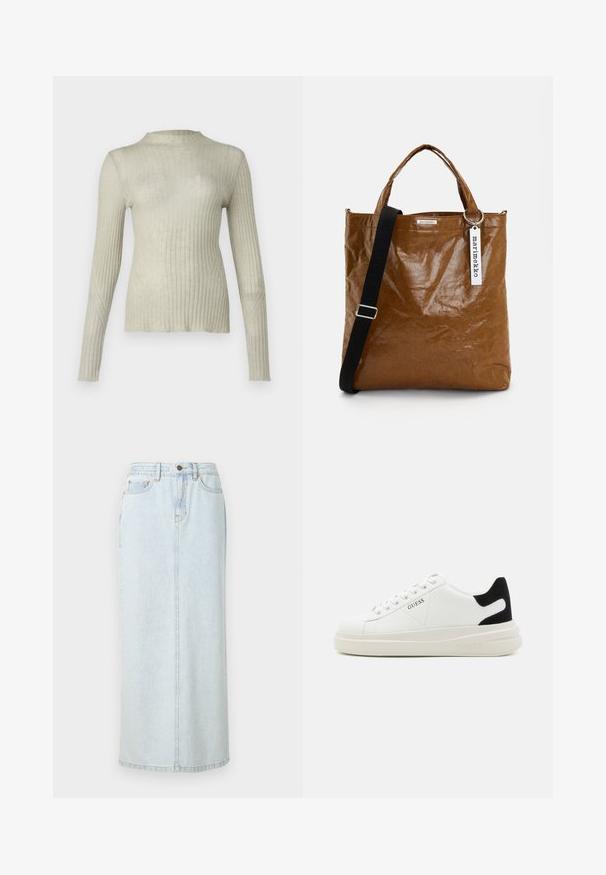 Bluză lungă bej deschis cu mâneci lungi și guler înalt. Confecționată dintr-un material moale, texturat. Prezintă cusături diagonale pe mâneci.; Fustă maxi din denim albastru deschis, cu un design drept, închidere cu nasturi frontali și cusături vizibile. Are două buzunare frontale.; Adidași din piele albă cu o talpă groasă albă, accent de călcâi din suede negru și logo embosat pe lateral. Design cu șireturi și șase orificii.; Tote bag maro fabricat dintr-un material texturat cu un aspect șifonat. Are mânere scurte, o curea lungă și ajustabilă, precum și un eticheta cu logo.; Cercei creole din argint cu suprafață netedă și lucioasă, având o formă curbată și închidere cu tija. Design minimalist cu un finisaj modern.