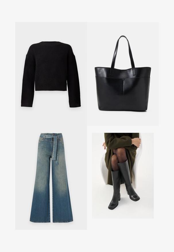 Black knitted sweater with a round neckline, long sleeves, and a cropped design. Textured fabric with ribbed cuffs and hem.; Wide-leg denim trousers featuring a light to dark blue gradient, high waist, belt loops, and a matching fabric belt. Textured denim finish.; Knee-high black leather boots with a squared toe and block heel, shown with a model seated in an olive green coat. Smooth texture, minimal detailing.; Black leather tote bag with two long handles, a smooth texture, and a structured shape. Features a front pocket for additional storage.