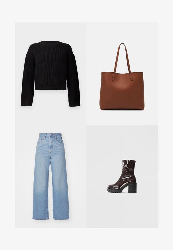 Pull en tricot noir avec un col rond, des manches longues et un design court. Tissu texturé avec des poignets et un ourlet côtelés.; Jean large taille haute bleu clair avec bouton et fermeture éclair à l'avant, poches avant et arrière, sur fond blanc.; Bottines bordeaux brillantes à talon épais noir, avec une texture lisse et un design simple. Aucune fermeture visible ni motifs.; Sac fourre-tout en cuir marron avec une texture lisse, design à ouverture supérieure et deux poignées pour le porter à l'épaule. Présente des coutures minimales et aucun matériel visible.