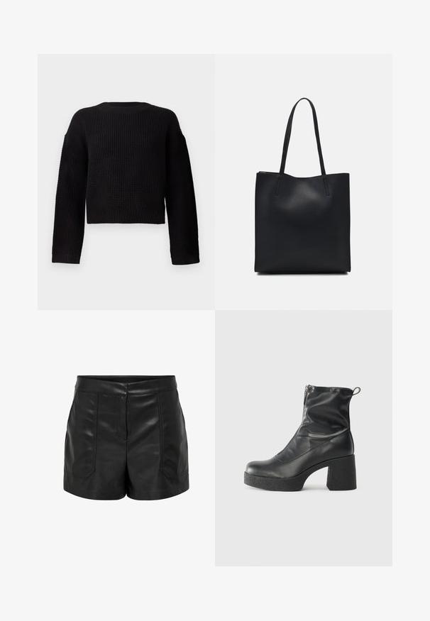 Černý pletený svetr s kulatým výstřihem, dlouhými rukávy a zkráceným střihem. Texturovaná tkanina s žebrovanými manžetami a lemem.; Černé kožené šortky s hladkým povrchem, které mají dvě přední kapsy a přizpůsobený střih. Pas je plochý bez viditelných zapínání.; Černé kotníkové boty vyrobené z hladké kůže, s bočním zipem, robustním strukturovaným podpatkem a kulatou špičkou.; Černá kožená taška přes rameno s hladkým povrchem, obdélníkovým tvarem a dvěma dlouhými uchy. Žádné viditelné kování ani ozdoby.