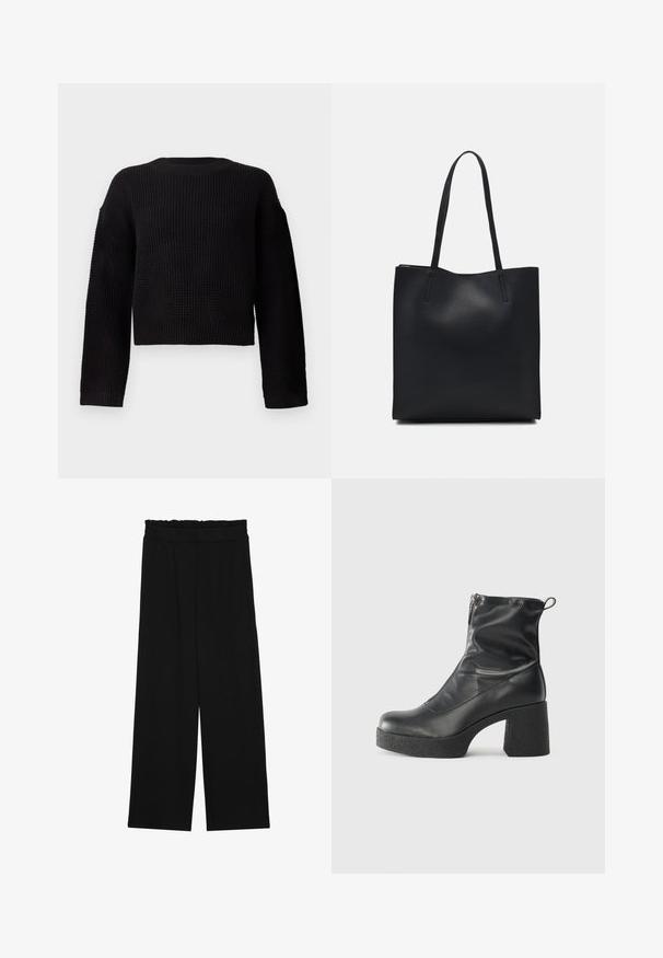 Fekete kötött pulóver kerek nyakkivágással, hosszú ujjal és rövidített fazonban. Texturált anyag bordázott mandzsettával és aljjal.; Fekete, bőszárú nadrág fodros derékrésszel, két oldalsó zsebbel és sima, könnyű anyagból. Nincsenek látható minták vagy fémalkatrészek.; Fekete bokacsizmák sima bőrből, oldalsó cipzárral, vastag, texturált sarkú és lekerekített orrú dizájnnal.; Fekete bőrtáska sima felszínnel, téglalap alakú, két hosszú füllel. Nincs látható fémkiegészítő vagy díszítés.