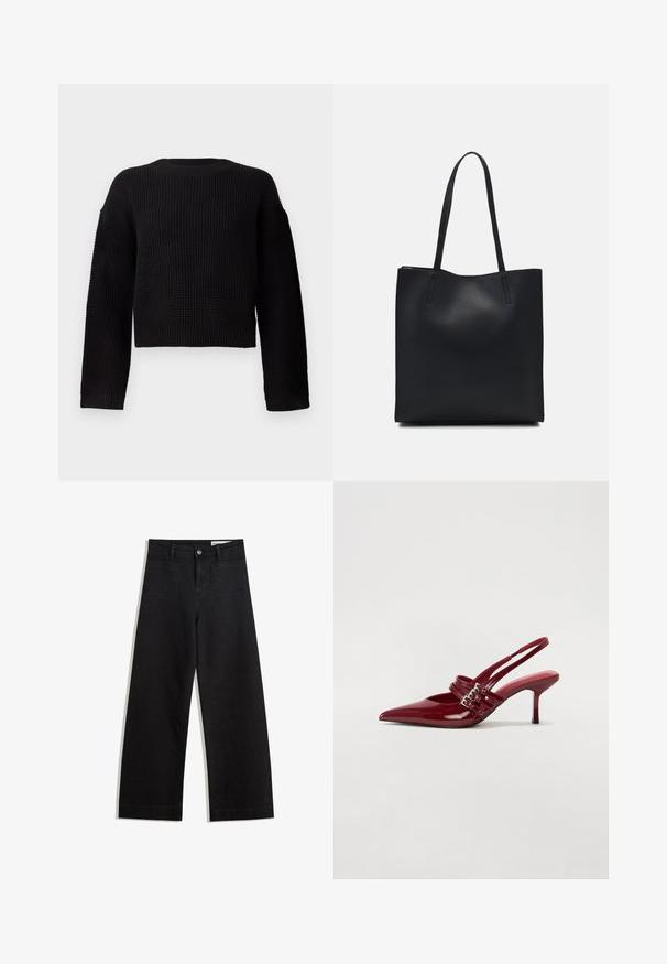 Černý pletený svetr s kulatým výstřihem, dlouhými rukávy a zkráceným střihem. Texturovaná tkanina s žebrovanými manžetami a lemem.; Černé denimové kalhoty s volným střihem a vysokým pasem, vybavené předními a zadními kapsami, prošívanými švy a knoflíkovým zapínáním. Hladká textura.; Červené lakované kožené lodičky na podpatku s špičatou špičkou, dvěma přezkami a štíhlým, středně vysokým jehlovým podpatkem. Hladký povrch.; Černá kožená taška přes rameno s hladkým povrchem, obdélníkovým tvarem a dvěma dlouhými uchy. Žádné viditelné kování ani ozdoby.