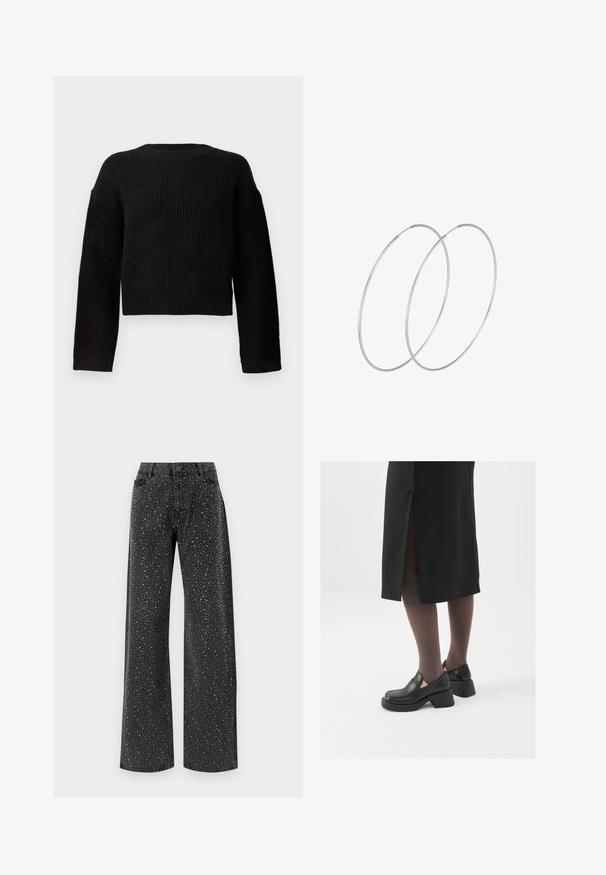 Melna adīta džemperis ar apaļu kakla izgriezumu, garām piedurknēm un īsu dizainu. Strukturēta auduma ar ribotiem piedurkņu un apakšmala.; Noisy May NMJANNEL LOOSE - Brīva piegriezuma džinsi - black denim; Melni ādas apavi ar noapaļotu purngalu, biezām bloku papēžiem un elastīgiem sānu akcentiem, apvienoti ar tumšām zeķubiksēm un melnu svārku ar šķirbu.; Sudraba gredzenveida auskari ar minimālistisku dizainu. Cirkulāra forma, gluda tekstūra un plāns profils. Vieglu svaru ar spīdīgu apdari.