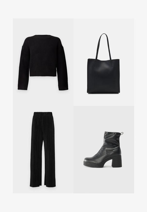 Mustarimusta neulepaita, jossa on pyöreä pääntie, pitkät hihat ja lyhennetty malli. Kuosiset kangas, jossa on ribbireunat hihoissa ja helmassa.; Mustat pleatatut housut, joissa on joustava vyötärö. Ominaisuuksiin kuuluvat leveät lahkeet ja sileä, teksturoitu kangas, jossa on pystysuoria raitoja.; Mustat nilkkurit, jotka on valmistettu sileästä nahasta. Niissä on sivuvetoketju, paksu teksturoitu korko ja pyöristetty kärki.; Mustapahkainen kangaskassi, jossa on sileä pinta, suorakaiteen muotoinen ja kaksi pitkää kahvaa. Ei näkyvää metalliosaa tai koristeita.