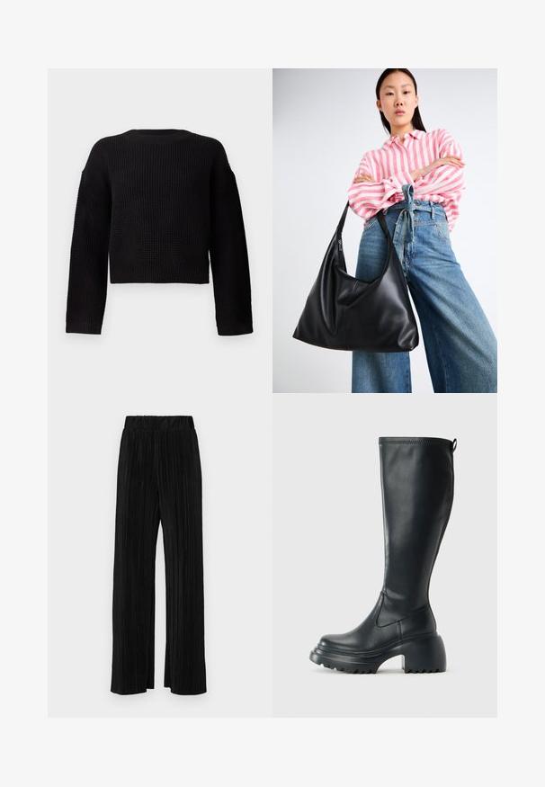 Juodas megztas džemperis su apvalia iškirpte, ilgomis rankovėmis ir trumpa forma. Tekstūruota medžiaga su raukiniais ant rankovių ir apačios.; Juodi plisuoti kelnės su elastine juosta. Turėkite plačias kojas ir glotnų, tekstūrinį audinį su vertikaliais dryžiais.; Ilgas juodos odinės batai su masyvi platforma ir stačiakampiu kulnu, turintys traukimo kilpą ir tekstūruotą pado raštą.; Juodas odinis peties krepšys su laisvu siluetu ir siūlų detalėmis. Modelis vilki rožinės ir baltos spalvos dryžuotą marškinėlį bei plačius mėlynus džinsus.