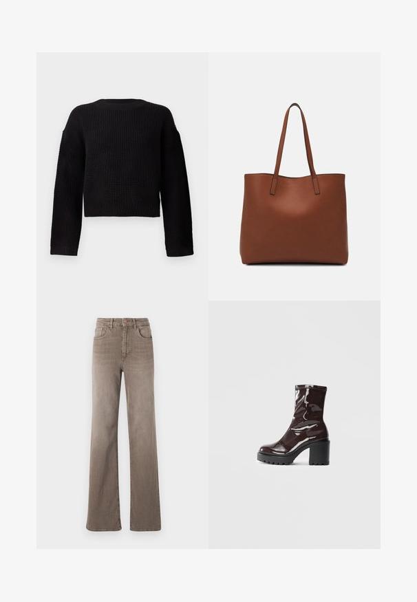 Juodas megztas džemperis su apvalia iškirpte, ilgomis rankovėmis ir trumpa forma. Tekstūruota medžiaga su raukiniais ant rankovių ir apačios.; Rudos aukšto liemens tiesios kojos džinsai su priekyje esančiu mygtuku, dirželio kilpomis ir klasikiniu penkių kišenių dizainu baltoje fone.; Blizgus burgundių spalvos kulknapis su tankiu juodu kulnu, pasižymintis lygiu paviršiumi ir paprastu dizainu. Nėra matomų užsegimų ar raštų.; Ruda odinė priekabų krepšys su glotnia tekstūra, atviru viršumi ir dviem petnešomis. Su minimalia siuvimo detalėmis ir nematoma aparatūra.