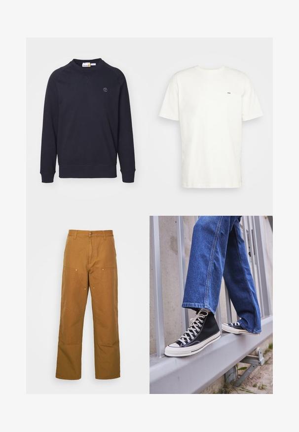 Mörk marinblå sweatshirt gjord av mjuk bomullsblandning, med rund hals, raglanärmar och en liten logotypdetalj på bröstet.; Vit bomull t-shirt med rund halsringning, korta ärmar och en liten svart "W.W." logotyp på vänster bröst. Slät textur, vanlig passform.; Bruna bomullspanngor med rak bendesign, som har framfickor och metallackenter för ökad hållbarhet.; Svarta högskurna sneakers med vit sula och snören, tillsammans med lösa blå jeans, vilande på ett grått räcke.