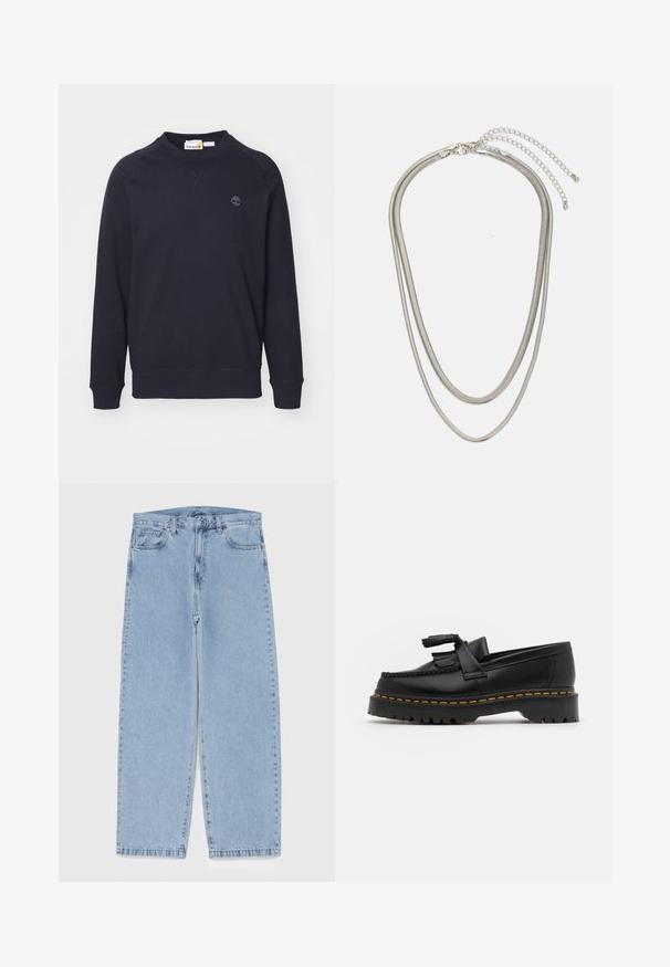 Felpa di un blu navy scuro realizzata in morbido cotone misto, con scollo rotondo, maniche raglan e un piccolo logo sul petto.; Jeans in denim azzurro chiaro con design a gamba dritta, caratterizzati da una vita media, cinque tasche e chiusura con bottone e zip.; Mocassino in pelle nera con un'accento a frange, dotato di una suola nera spessa e cuciture gialle lungo il bordo. Finitura testurizzata.; Collana in metallo argentato a tre strati caratterizzata da catene sottili e flessibili con una leggera lucentezza, fissata con un gancio a molla e una catena regolabile.