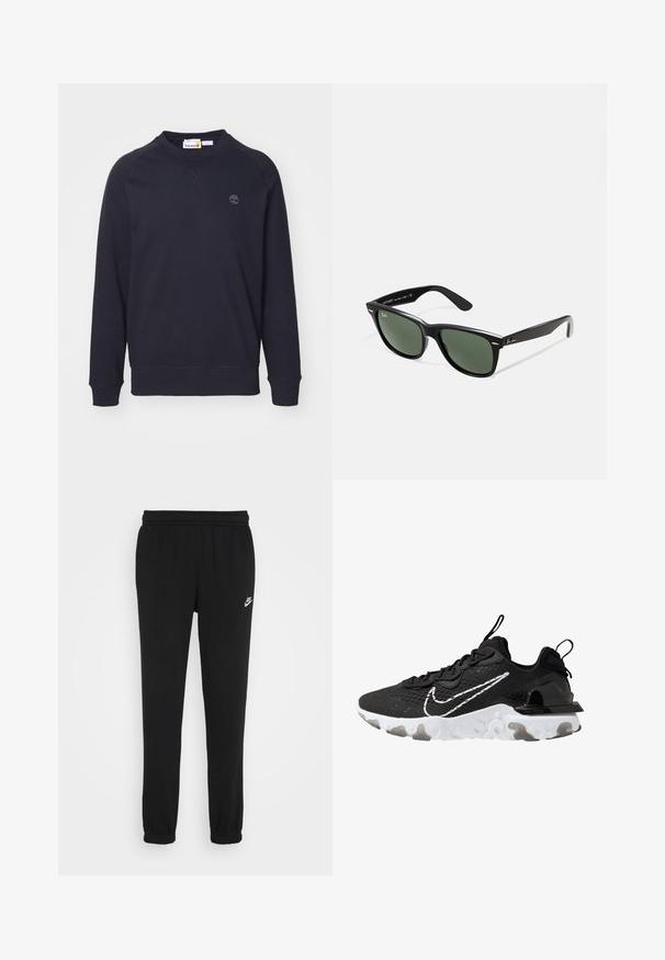 Sötét tengerészkék pulóver, puha pamut keverékből, kerek nyakkivágással, raglán ujjakkal és kis logó részlettel a mellrészen.; Fekete sportnadrág gumis derékkal, lekerekített bokákkal és egy kis fehér Nike logóval a bal oldalon. Puha, texturált anyagból készült.; Fekete sportcipő, textúrális szövet felsőrésszel, fehér Nike pipa logóval és vastag fehér talppal. A sarkán húzófül található a könnyű felhúzás érdekében.; Fekete műanyag napszemüveg zöld lencsékkel, négyzet alakú kerettel, ezüst díszítéssel a keret felső részén, valamint texturált szárakkal. A márka neve a belső száron található.