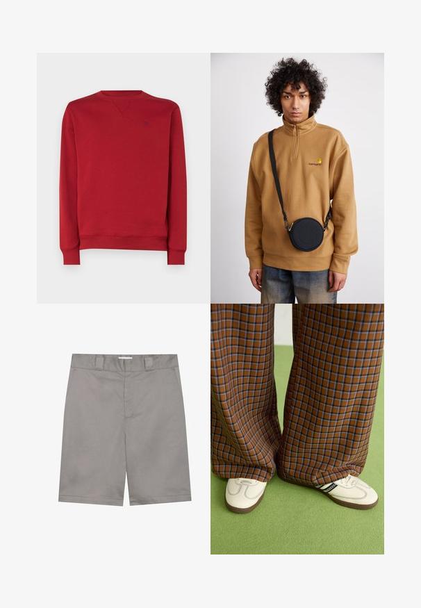 Felpa rossa con collo a giro e maniche lunghe, con polsini e bordo a costine. Design semplice con un piccolo logo sul petto.; Pantaloni corti grigi con una texture liscia, fronte piatto, due tasche laterali, passanti per cintura e una singola cucitura frontale. Taglio di lunghezza regolare.; Pantaloni a pieghe larghi a quadri marroni e blu abbinati a scarpe bianche con dettagli neri e suole testurizzate, posizionati su uno sfondo verde.; Felpa in pile marrone con zip a quarto e logo ricamato, abbinata a una borsa a tracolla rotonda nera con zip e dettagli del logo, indossata sopra dei jeans.