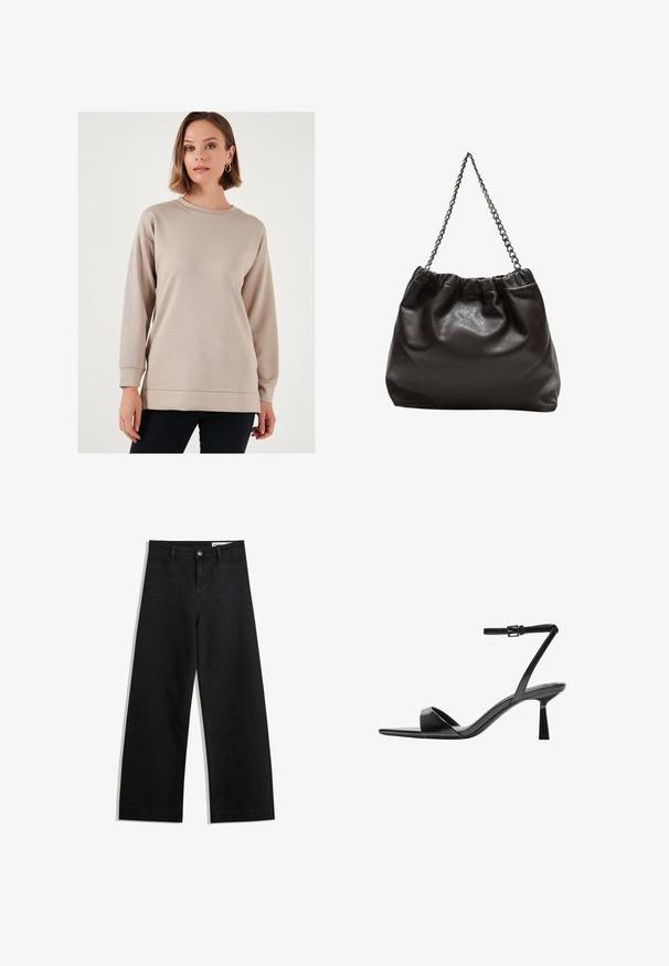 Svijetlosmeđi dukserica s okruglim izrezom, dugim rukavima i opuštenim krojem. Ima glatku teksturu te rebraste manžete i donji rub.; Crne široke traperice s visokim strukom, s prednjim i stražnjim džepovima, šivenim šavovima i kopčanjem na gumb. Glatka tekstura.; Bershka Sandale s visokom petom - black; Smeđa kožna torba s naboranim vrhom i lančićem za nošenje. Glatka tekstura s sjajnim završetkom i suptilnim šavnim detaljima sa strane.