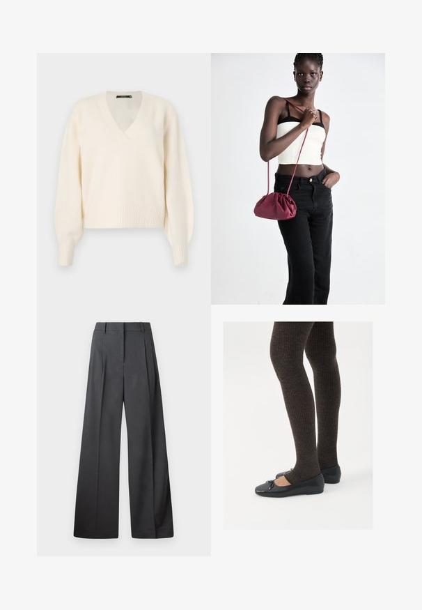 Vero Moda VMBOOM V NECK NOOS - Camisola - birch melange; Calças de perna larga em tecido cinza escuro, apresentando uma cintura alta, pregas simples e uma textura suave com um acabamento limpo nas bainhas.; Sapatos planos pretos com um pequeno laço na ponta, emparelhados com meias-calças caneladas castanhas escuras. Os sapatos têm uma textura suave e um design discretamente baixo.; Bolsa de tecido suave em borgonha com um design franzido e uma alça longa, usada à transversal. Modelo veste um top cropped branco e jeans pretos.