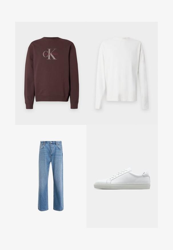Sweatshirt castanha com gola redonda. Apresenta o logo "Calvin Klein" em cinzento e bordô nas costas. Tecido macio com punhos e bainha canelados.; Camisa de algodão branca de mangas longas com decote redondo, fendas laterais na parte inferior e uma textura suave, mostrada de trás.; Calças de ganga azul claro com um design de perna reta, cinco bolsos, fecho de botão, desgaste mínimo e detalhes de costura em contraste.; Sapatilha branca com um cabedal em couro liso e de perfil baixo. Apresenta um bico redondo, seis ilhoses e uma sola de borracha texturizada.