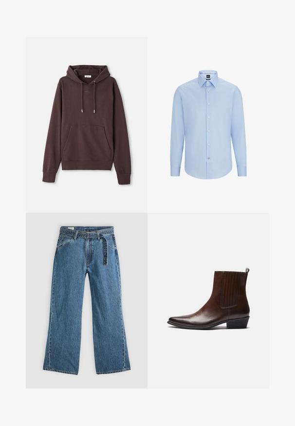 Barna kapucnis pulóver, puha pamut keverékből készült, elülső zsebbel, állítható zsinórral és varrott logóval a nyak körül.; Világoskék, hosszú ujjú, gombos ing klasszikus gallérral, sima anyagból készült. Elöl és a mandzsettákon fehér gombokkal rendelkezik.; Kék farmer széles szárú nadrág, hozzáépített övvel, elülső zsebekkel és látható varrással, sima világos háttéren.; Barna bőr bokacsizma hegyes orral, rugalmas oldalsó panelekkel, texturált részletekkel az elején és alacsony, rétegezett sarkal.