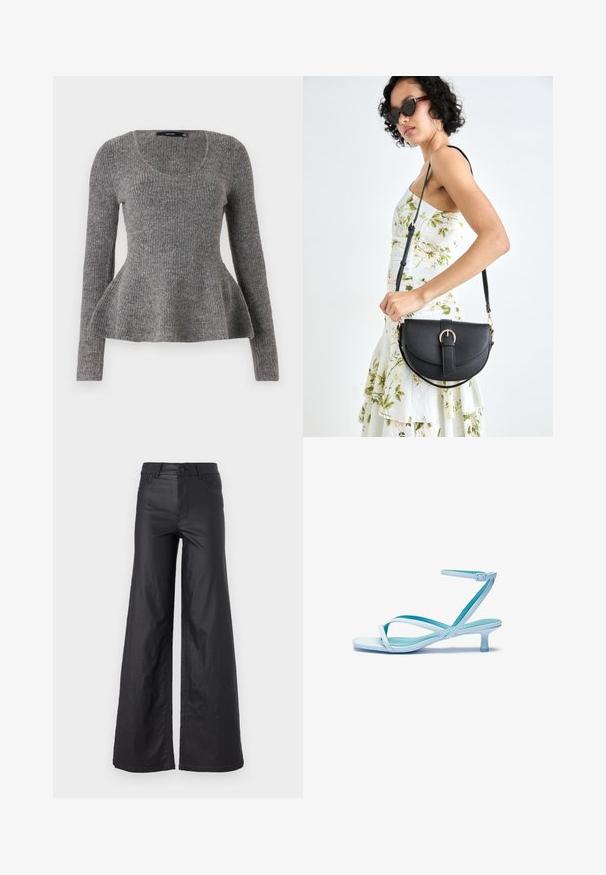 Gray ribbed sweater, long sleeves, scoop neckline, flared hem detail at waist, medium-weight knit texture, soft material.; Black, wide-leg pants in a faux leather material. Features a high waist, belt loops, two front pockets, and stitched detailing.; Light blue strappy sandal with a square toe, low heel, adjustable ankle strap, and smooth, glossy finish. Crossed straps on the footbed.; Black leather handbag with a curved shape, detachable strap, and gold hardware. The bag features a flap with a buckle detail.