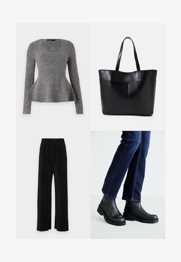 Gray ribbed sweater, long sleeves, scoop neckline, flared hem detail at waist, medium-weight knit texture, soft material.; Black pleated trousers with an elastic waistband. Features wide legs and a smooth, textured fabric with vertical stripes.; Black leather ankle boots with a chunky sole and side elastic panels, paired with dark blue jeans. The ground is light-colored.; Black leather tote bag with two long handles, a smooth texture, and a structured shape. Features a front pocket for additional storage.