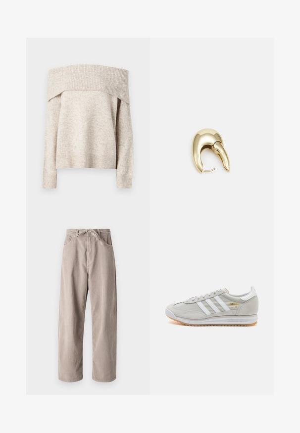 JJXX OFF SHOULDER - Pullover - fog; Pantalons en velours côtelé beige à coupe ample, dotés d'une taille à cordon, de deux poches avant et d'une texture côtelée verticale.; Basket en cuir suédé et mesh gris clair, avec trois bandes blanches, bout rond et semelle en caoutchouc naturel. Accent logo doré près des lacets.; Boucle d'oreille en métal doré avec un design élégant et courbé. Présente une forme conique distinctive, une surface polie et une fermeture à charnière.