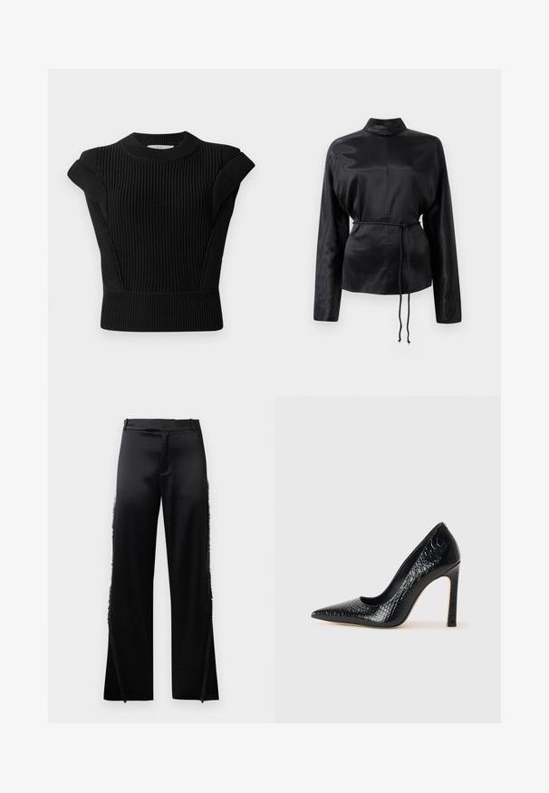 Schwarzer gerippter Strickpullover mit kurzenÄrmeln und einem runden Ausschnitt. Verfügt über eine taillierte Silhouette und ein strukturiertes Material.; Schwarzes Satin-Hemd mit langen Ärmeln, hohem Kragen, tailliertem Schnitt und verstellbarem Kordelzug. Glatte Textur mit elegantem Finish.; Schwarze Satin-Hosen mit weitem Bein, die Fransenverzierungen entlang der Seitennähte und einen flachen, elastischen Bund haben. Rückseite schlicht ohne Taschen.; Schwarzer, spitz zulaufender High Heel mit Krokodilleder-Struktur, elegantem Design, hohem Stiletto-Absatz und glattem schwarzen Innenraum.