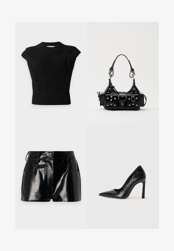 Black ribbed knit sweater with short sleeve accents and a round neckline. Features a fitted silhouette and textured fabric.; Black, glossy shorts made of synthetic material. Features a fitted waist, belt loops, and front pockets with prominent stitching details.; Black pointed-toe high heel shoe with a crocodile-skin texture, featuring a sleek design, high stiletto heel, and smooth black interior.; Black leather handbag with a curved design, featuring silver studs, a buckle, and two side pockets. Adjustable strap for carrying options.