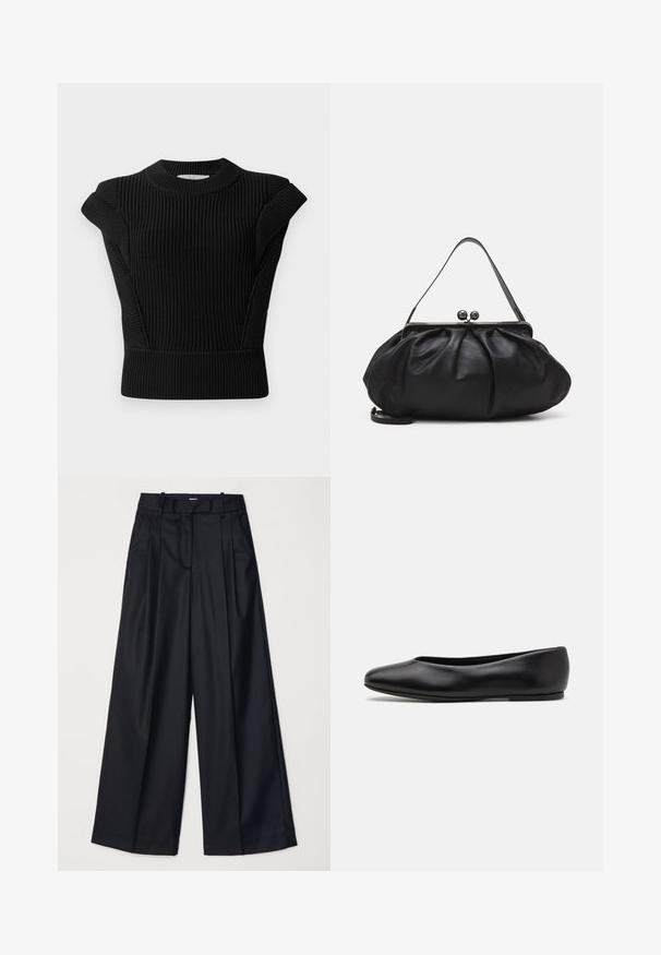 Schwarzer gerippter Strickpullover mit kurzenÄrmeln und einem runden Ausschnitt. Verfügt über eine taillierte Silhouette und ein strukturiertes Material.; Schwarze weit geschnittene Hosen aus glattem Stoff, mit hoher Taille, Falten und einer taillierten Passform. Einfaches schwarzes Zubehör an der Taille.; Paul Smith TOPANGA - Klassischer Ballerina - black; Schwarze Lederhandtasche mit einer runden, gefalteten Form. Verfügt über einen metallischen Verschluss mit zwei dekorativen Kugeln und einem schmalen, abnehmbaren Tragegurt.