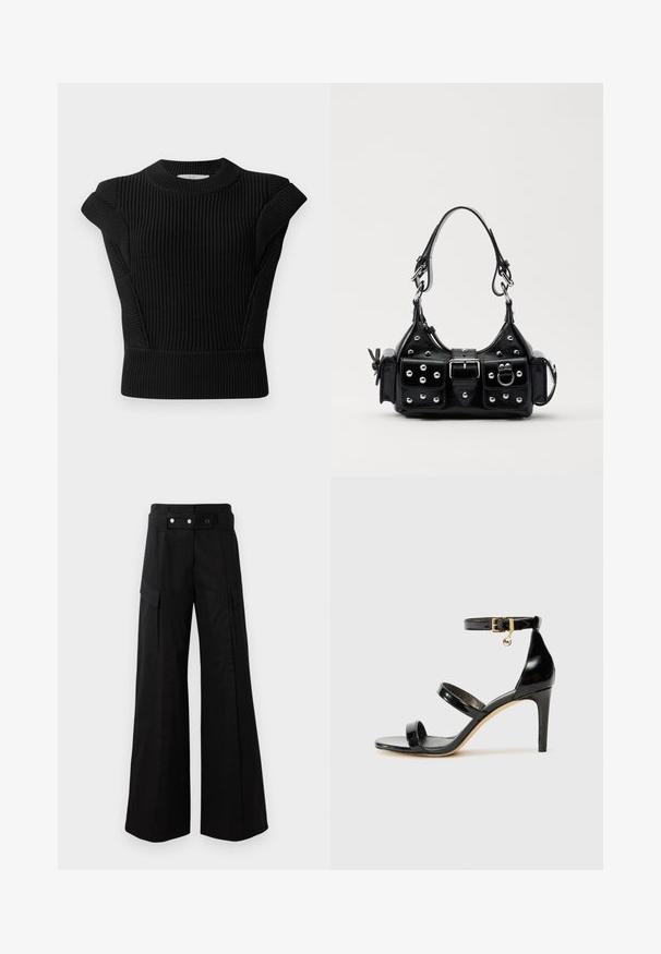 Crni rebrasti pleteni pulover s naglaskom na kratke rukave i okruglim izrezom. Ima usku siluetu i teksturirani materijal.; Crne široke hlače s visokim strukom, s velikim bočnim džepovima, dva prednja dugmeta i detaljem u obliku petlje. Izrađene od čvrste tkanine.; Crne lakirane kožne sandale s tri trake, kopčom na zapešću i potpeticom od 10 cm. Sadrže zlatne detalje i privjesak s logotipom.; Crna kožna torba s zakrivljenim dizajnom, koja sadrži srebrne zakovice, kopču i dva bočna džepa. Podesiva traka za različite opcije nošenja.