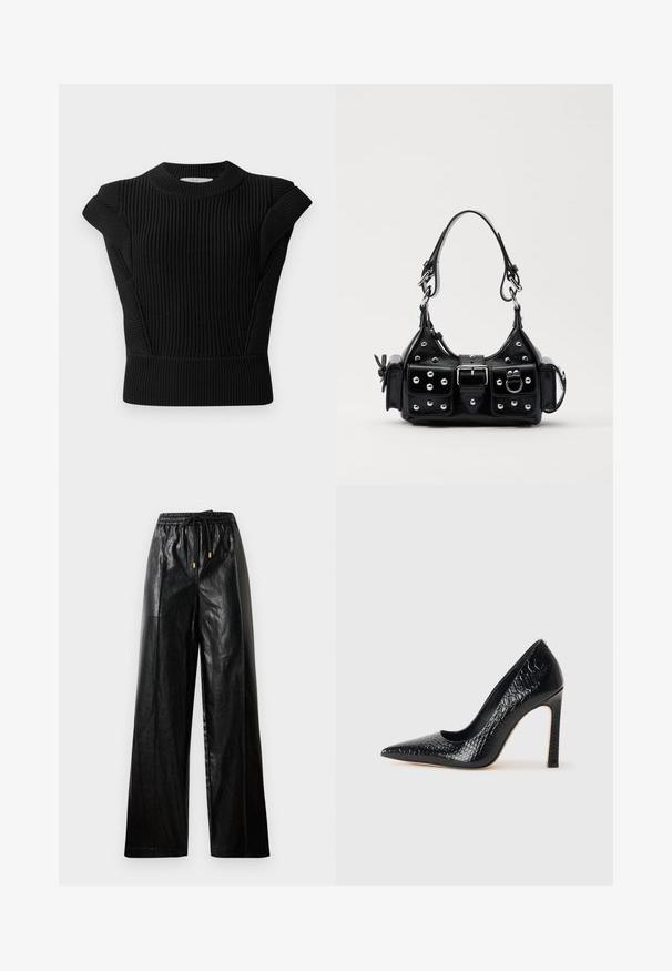 Black ribbed knit sweater with short sleeve accents and a round neckline. Features a fitted silhouette and textured fabric.; Black leather wide-leg pants with an elastic waistband, drawstring, and gold hardware accents. Smooth texture and loose fit.; Black pointed-toe high heel shoe with a crocodile-skin texture, featuring a sleek design, high stiletto heel, and smooth black interior.; Black leather handbag with a curved design, featuring silver studs, a buckle, and two side pockets. Adjustable strap for carrying options.