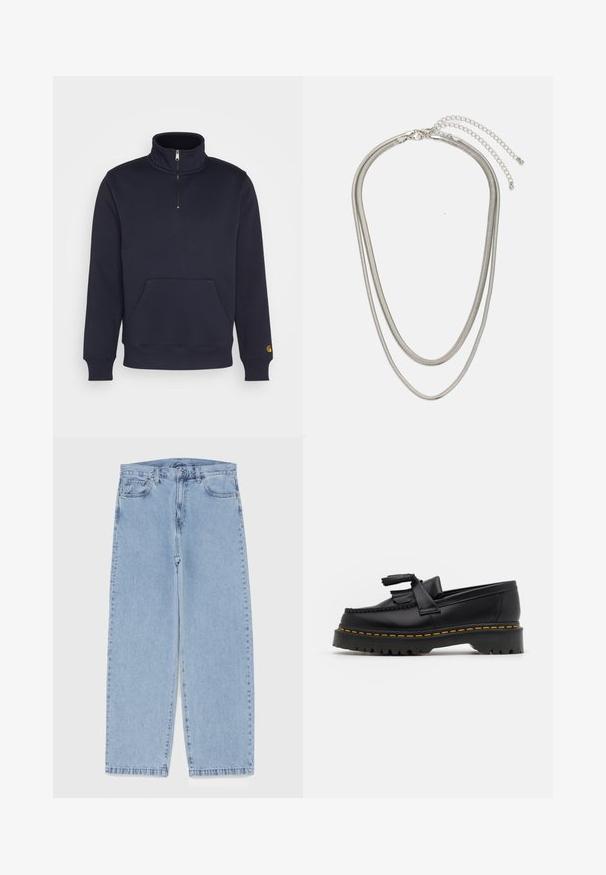 Mörkblå sweatshirt med hög krage och halvdrogkedja, utrustad med en framstående kenguruficka och ribbade ärmslut.; Ljusblå denimjeans med rak bendesign, midjehög midja, fem fickor samt knapp- och dragkedjestängning.; Svart läderloafer med en tofsdetalj, med en kraftig svart sula och gul söm längs kanten. Strukturerad yta.; Tre-lager silvermetallhalsband med eleganta, flexibla kedjor med en svag glans, säkrad med ett kräftklämma och justerbar kedja.