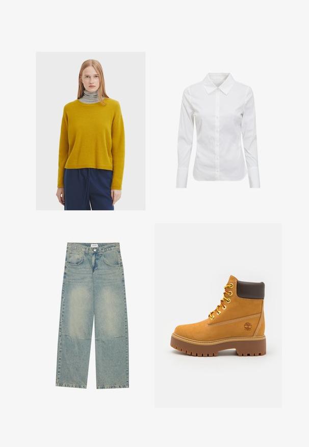 Senfgelbes Strickpullover mit rundem Ausschnitt, langen Ärmeln und lockerer Passform, kombiniert mit einem grauen Rollkragenpullover darunter.; Weißes Langarmhemd mit klassischem Kragen, Knopfleiste und glattem Baumwollstoff. Minimalistisches Design, ohne Muster oder Akzente.; Helle blaue weite Jeans aus Denim, ausgestattet mit zwei Vordertaschen, einem Knopfverschluss und einer ausgewaschenen Optik mit sichtbaren Nähten.; Beige, wasserdichte Stiefelette mit einer robusten Gummisohle, runder Zehenpartie, braunem Lederkragen, gelben Schnürsenkeln und einem Logo an der Seite.