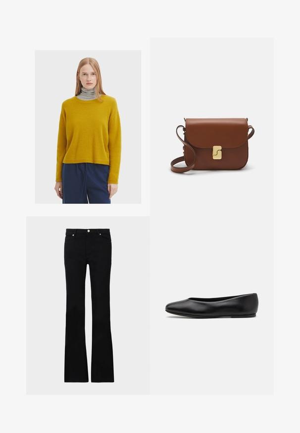 Mustard yellow knit sweater with a round neckline, long sleeves, and a relaxed fit, paired with a gray turtleneck underneath.; Black flared jeans made of denim, featuring two front pockets, a button closure, and a smooth texture. Signature stitching visible at seams.; Paul Smith TOPANGA - Ballet pumps - black; Brown leather handbag with a flap closure, gold-tone hardware, a shoulder strap, and a smooth texture. Compact rectangular shape.