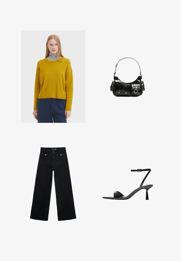 Hořčicově žlutý pletený svetr s kulatým výstřihem, dlouhými rukávy a volným střihem, doplněný šedým rolákem pod ním.; Černé široké džíny s vysokým pasem, obsahující dvě přední kapsy a kovové knoflíkové detaily. Látka má hladkou texturu.; Bershka Sandály na vysokém podpatku - black; Černá lakovaná kožená kabelka s křivkovým tvarem, jedním ramenním popruhem, předními kapsami a stříbrnými kovovými detaily.